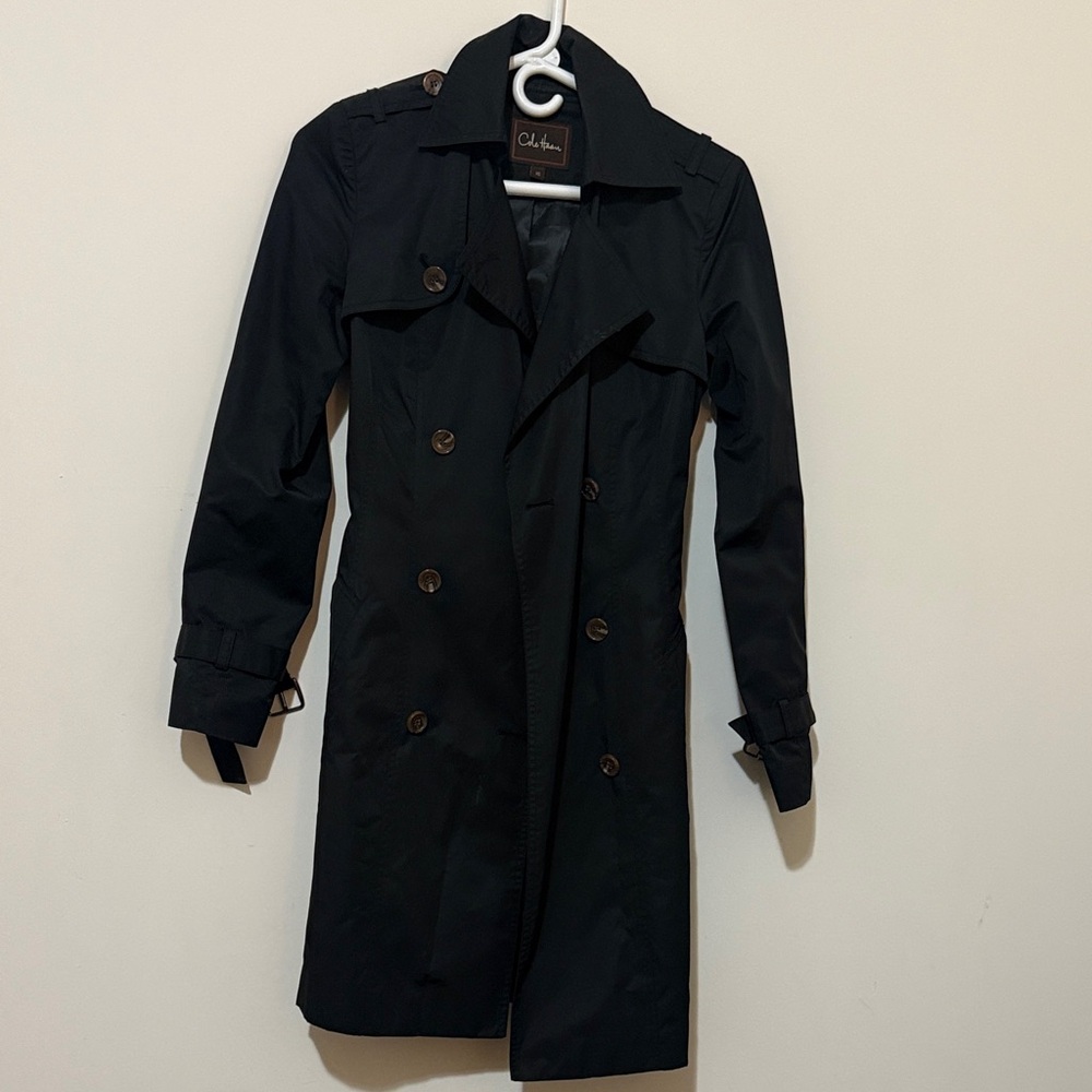 Cole Haan Black Belted Trench Coat Size XS Double Breasted Knee Length